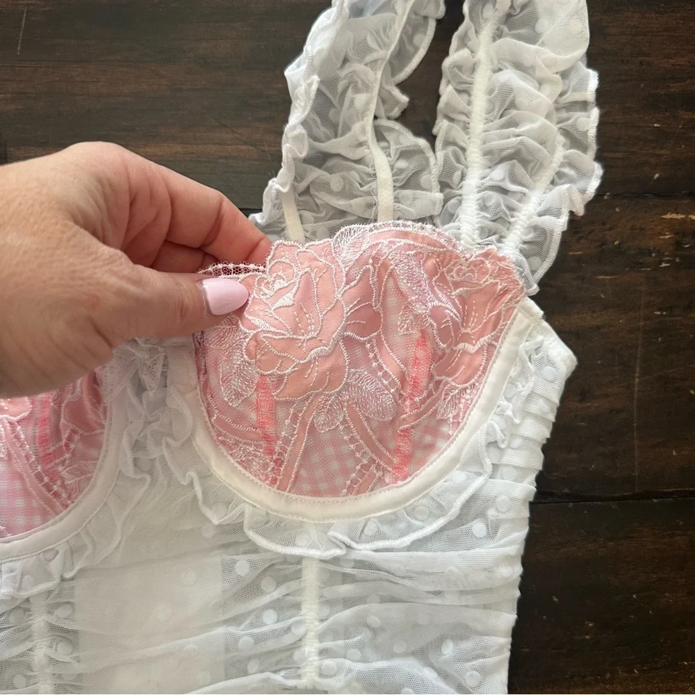 New! For Love And Lemons Tawny White and Pink Lace Crop Top 51427_8